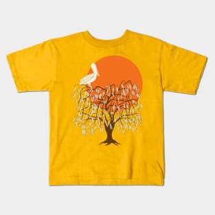 pelican on the willow tree in the sunset Kids T-Shirt